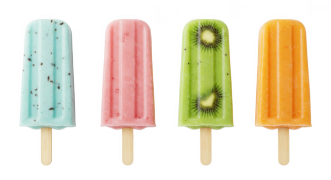 Four colorful popsicles with kiwi slices isolated on transparent background