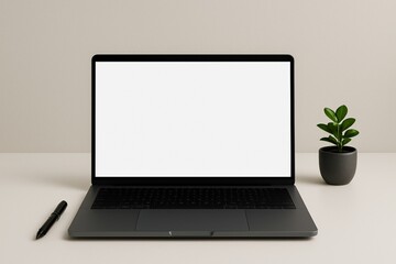 Fototapeta premium Minimalist Laptop Mockup with White Screen – Ideal for App Interface, UI/UX Presentation, Website Display, and Branding Design