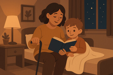 Vector illustration of young mother with walking cane reading bedtime story to child in cozy evening room