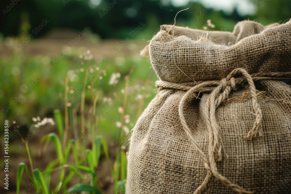 Poster full burlap sack tied with twine standing in the middle of a field