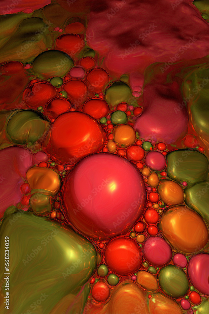 Poster an abstract render of many colorful spheres and blobs of different sizes and hues together