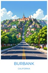 Burbank California United states Travel Poster Illustration Print Decor Gift Canvas Wall Art Gift
