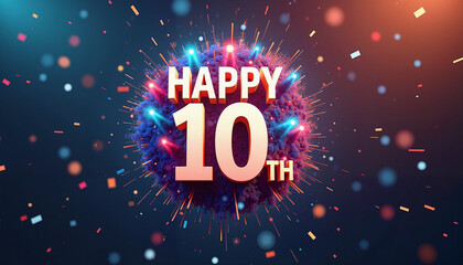 Vibrant celebration design featuring "Happy 10th" text surrounded by colorful bursts and confetti