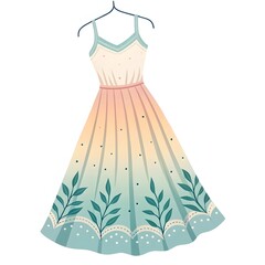 Flowy summer dress design featuring pastel colors with white accents and botanical details