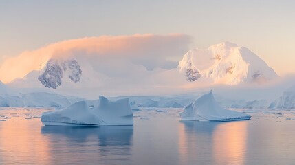 Antarctic Icebergs and Mountains at Sunset