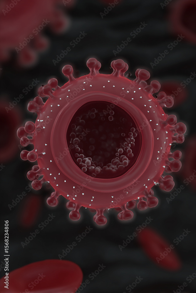 Poster microscopic view of a red virus cell with spikes and internal particles on a dark background