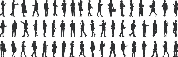 Silhouettes of diverse business people walking, talking, standing, communicating in different poses, isolated on white background, ideal for teamwork, corporate, office concepts