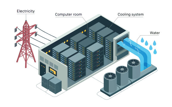 Data center infrastructure with electricity supply and water cooling system for server racks and computer room isolated on white background
