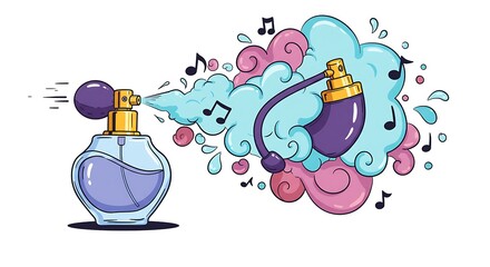 Perfume bottle spraying a colorful, musical cloud of scent.