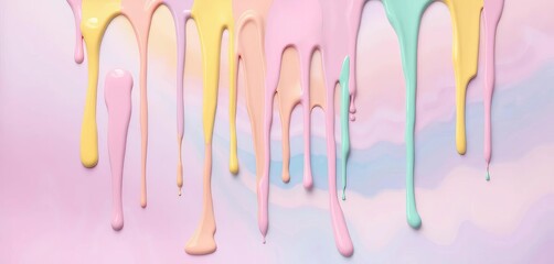 Naklejka premium Vibrant paint drips cascade down pastel ombre backdrop, glossy, vibrant
