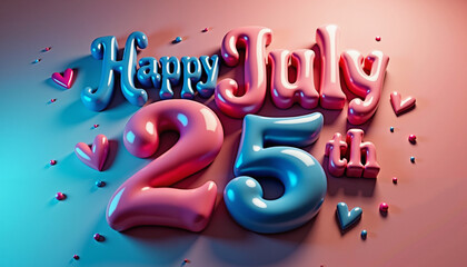 Colorful 3D text "Happy July 25th" with hearts, festive mood, on a soft gradient background, copy space