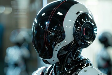 Futuristic humanoid robot with a black and white helmet is standing in a research laboratory