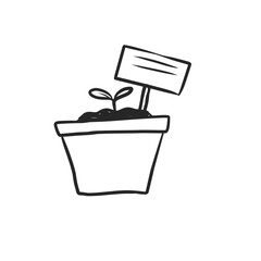 Hand-Drawn Doodle of a Young Sprout in a Pot with a Plant Marker