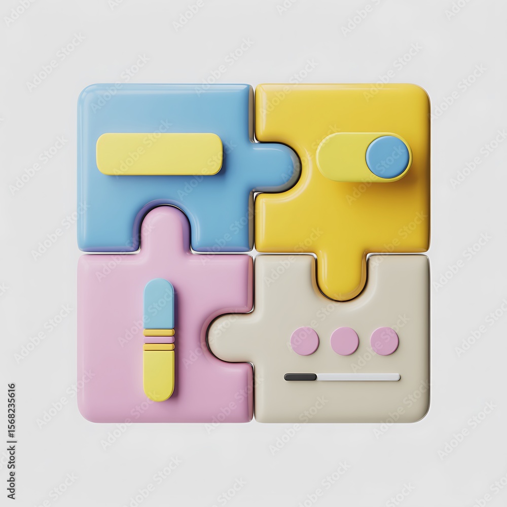 Poster colorful puzzle pieces with interactive elements interlocking