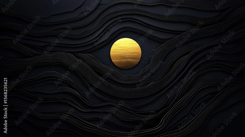 Poster black and gold image of a wave with a gold circle in the middle. the image has a dark and mysterious