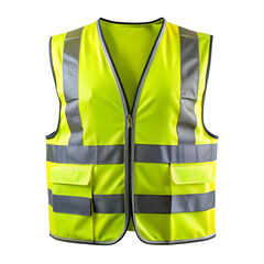 A bright yellow safety vest with reflective stripes and pockets isolated against a black background