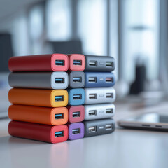 Obraz premium Multiple power banks stacked together on a desk 