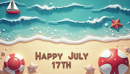 Creative beach scene with waves and summer elements celebrating Happy July 17th