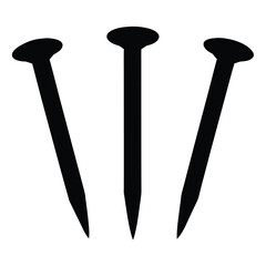 Three black silhouette nails pointing downward against a white background