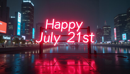 Neon sign illuminating cityscape celebrating Happy July 21st at night