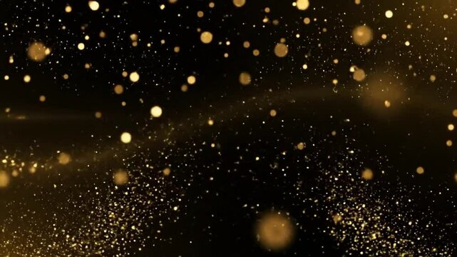 Golden particles float against a dark background
