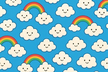 Playful cartoon pattern of clouds and rainbows on blue sky with happy vibe wallpaper