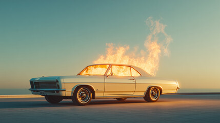 Fototapeta premium Vintage cream-colored car on fire at sunset by the sea, with dramatic flames illuminating the calm coastal setting.