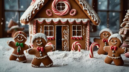 A gingerbread house with a candy cane roof sits in front of a row of trees