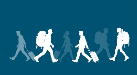 sagome, silhouette, viaggio, gente, viaggiare, persone che viaggiano, valigie, turisti, vacanze
