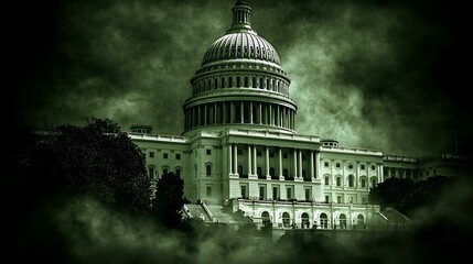 The capitol building shrouded in ominous green mist.