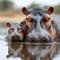 Baby hippo relaxes in shallow water next to its mother creating serene reflections and gentle ripples