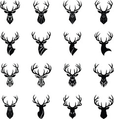 Collection of Deer Head Silhouettes in Various Styles on White Background silhouette
