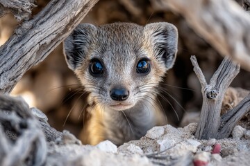 Mongoose pup curiously peeking out from burrow in a minimalist sandy environment