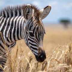 Zebra foal grazes peacefully in golden grasslands under a sunlit sky