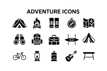Fototapeta premium Adventure gear icons for outdoor exploration and camping tent campfire