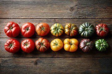 Assorted tomato varieties arranged on rustic wooden surface for minimalist aesthetic