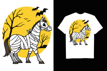 Fototapeta premium Spooky Horse is depicted as a mummy for Halloween T-Shirt – Cute Spooky Cartoon with Bats and Horror Background.