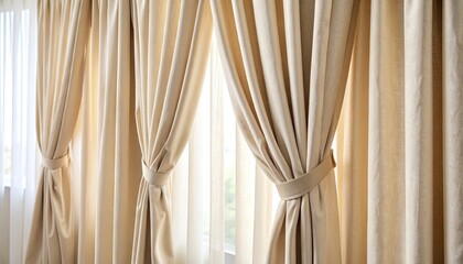 Beige curtains tied back at window