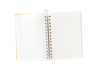 Open spiralbound notebook with blank lined pages isolated on transparent background