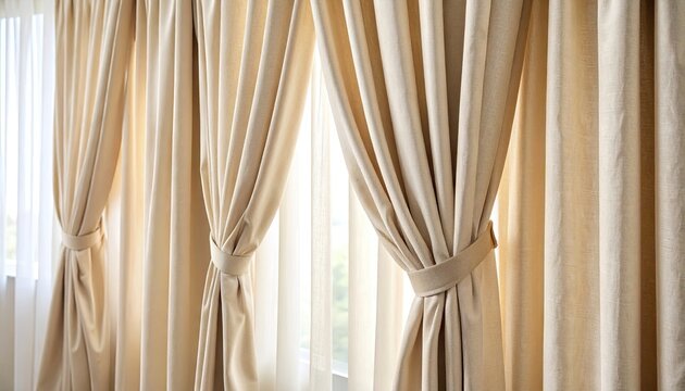 Beige curtains tied back at window - Powered by Adobe