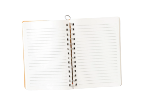 Open spiralbound notebook with blank lined pages isolated on transparent background