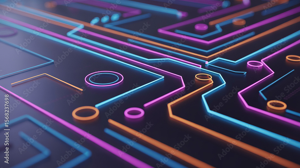 Aufkleber illuminated circuitry: a vibrant display of interconnected pathways glows with neon light, embodying