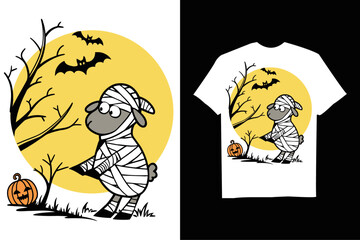 Fototapeta premium Spooky Sheep is depicted as a mummy for Halloween T-Shirt – Cute Spooky Cartoon with Bats and Horror Background.