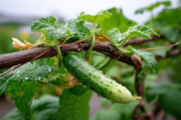 Developing cucumber vine with water droplets glistening on leaves from a low angle perspective