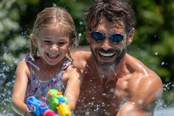 Father and daughter enjoying playful water fun in summer sunshine by the pool