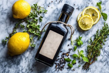 Elderflower syrup in a transparent bottle surrounded by fresh herbs and citrus fruits