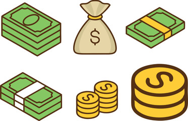 Money isometric illustration showing cash, bag and stack coinsvector illustration