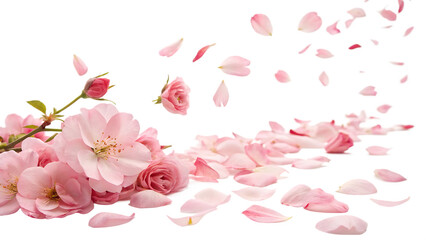 Obraz premium Multi colored rose petals romantic background with isolated on a white background PNG. AI GENERATED.