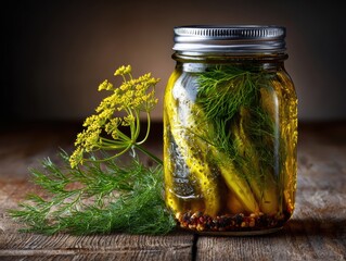 Pickles and herbs in a glass jar with condensation on a rustic wooden table