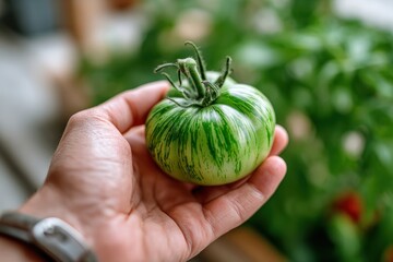 Hand holds striped heirloom tomato with green streaks against a blurred garden backdrop